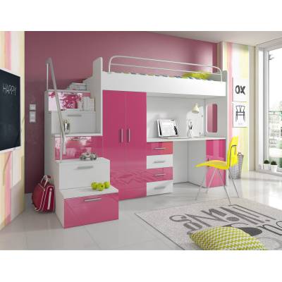Łóżko piętrowe Colors 4s + materac (antresola) - różowy połysk