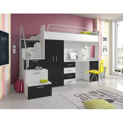 Łóżko piętrowe Colors 4s + materac (antresola) - czarny połysk