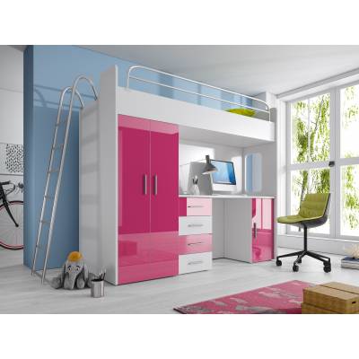 Łóżko piętrowe Colors 4d + materac (antresola) - różowy połysk